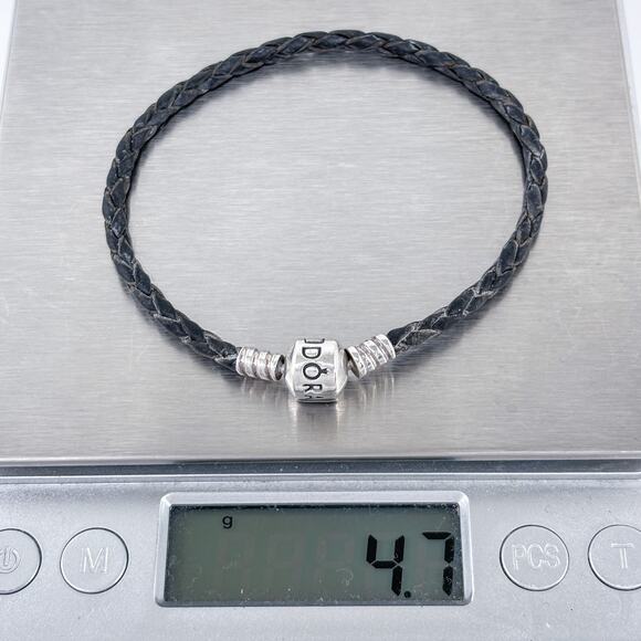 Pandora Black Leather Corded Charm Bracelet | Vintage Sterling Silver 7.5" - Picture 8 of 8